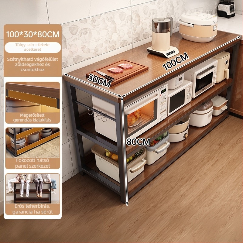 Konyhai mikrohullámú sütő tároló polc, többszintes, faanyagú, padlón álló, téglalap alakú dizájn, sarokhoz helyezhető, multifunkcionális