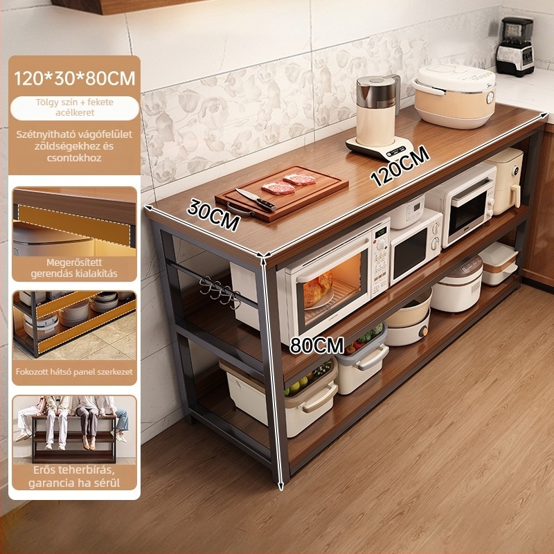 Konyhai mikrohullámú sütő tároló polc, többszintes, faanyagú, padlón álló, téglalap alakú dizájn, sarokhoz helyezhető, multifunkcionális