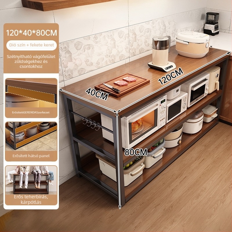 Konyhai mikrohullámú sütő tároló polc, többszintes, faanyagú, padlón álló, téglalap alakú dizájn, sarokhoz helyezhető, multifunkcionális