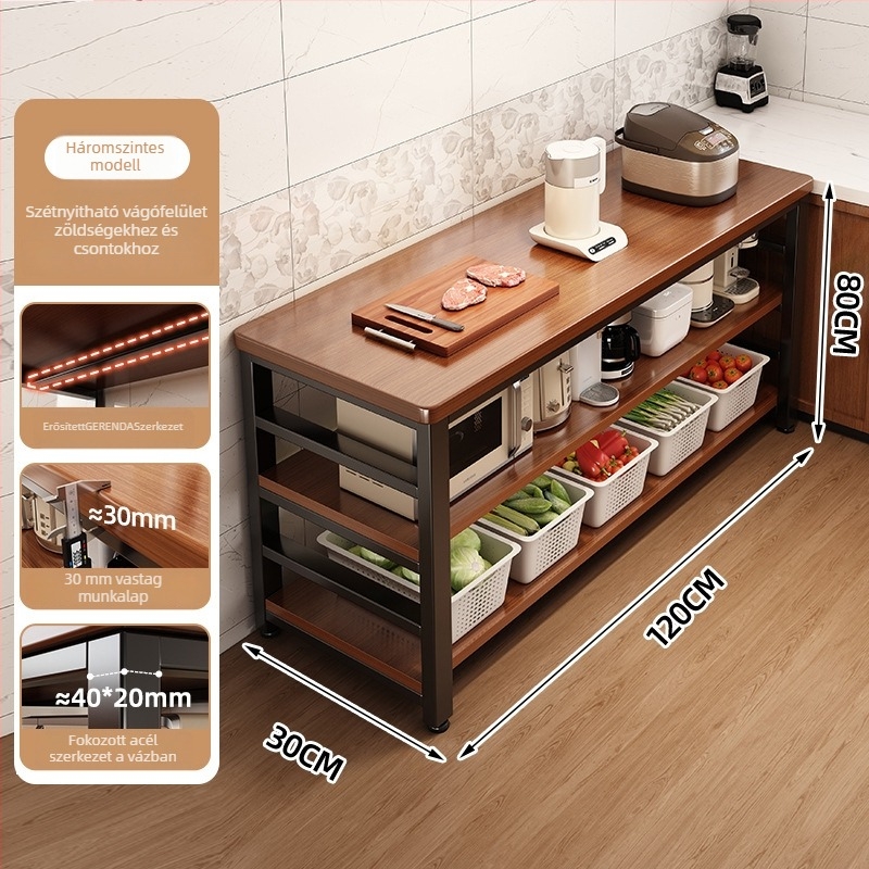 Konyhai mikrohullámú sütő tároló polc, többszintes, faanyagú, padlón álló, téglalap alakú dizájn, sarokhoz helyezhető, multifunkcionális