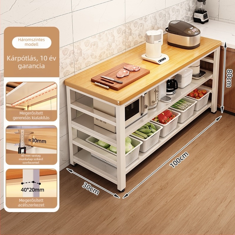 Konyhai mikrohullámú sütő tároló polc, többszintes, faanyagú, padlón álló, téglalap alakú dizájn, sarokhoz helyezhető, multifunkcionális