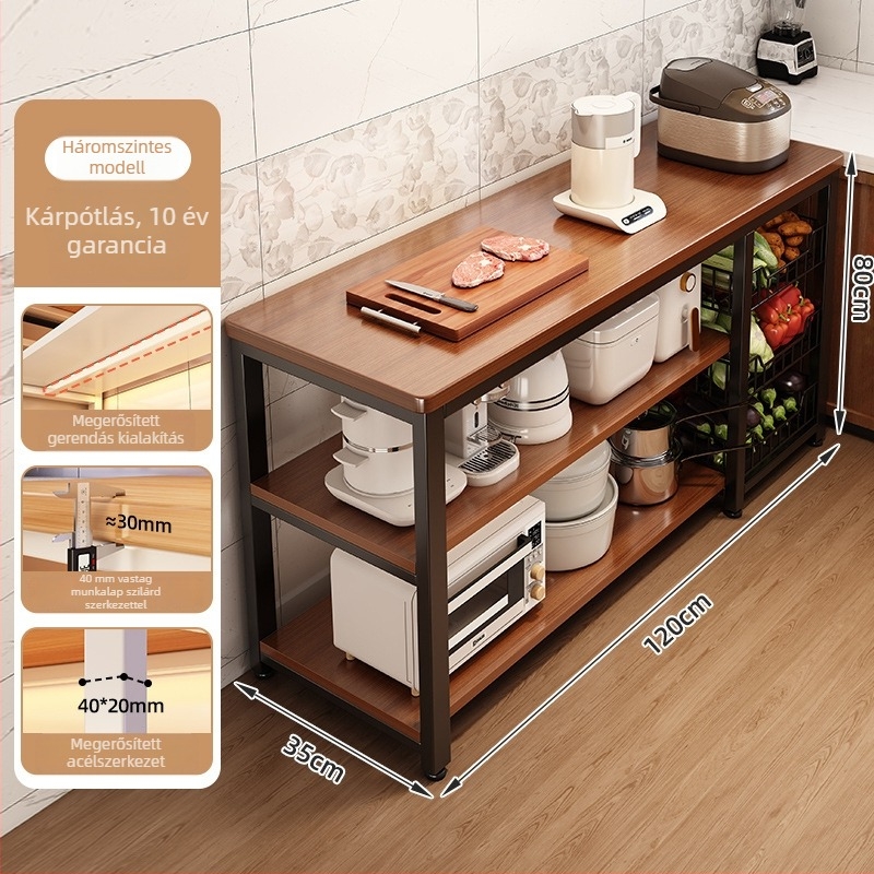 Konyhai mikrohullámú sütő tároló polc, többszintes, faanyagú, padlón álló, téglalap alakú dizájn, sarokhoz helyezhető, multifunkcionális