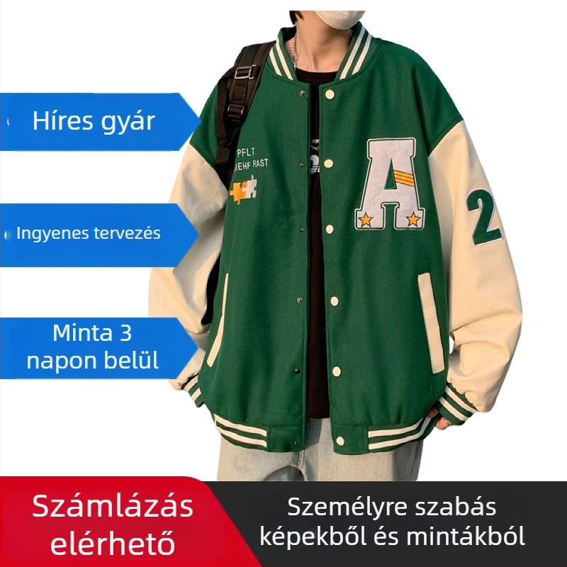 Férfiak számára készült amerikai stílusú baseball dzseki fleece-béléssel, 100% poliészter anyag, laza szabás, állógallér