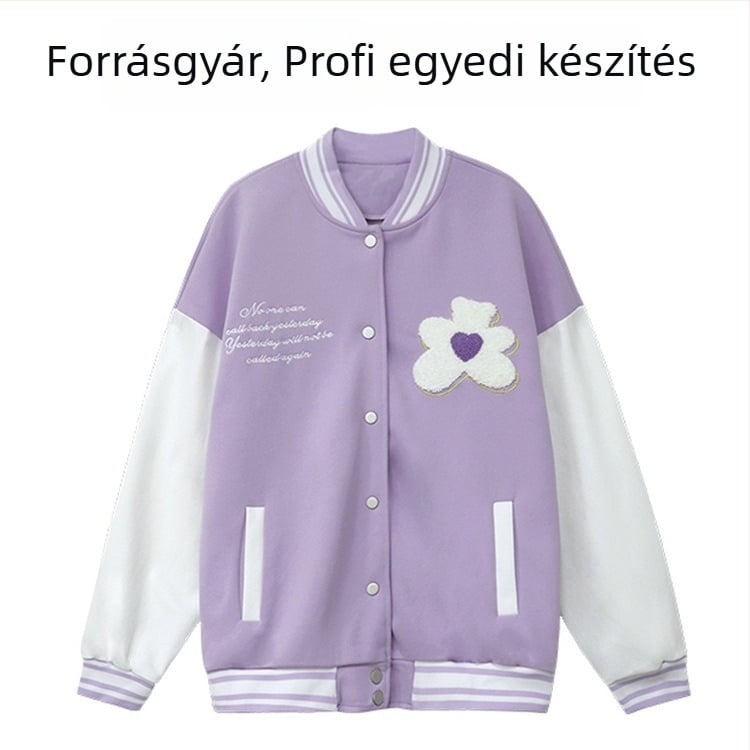Hímzett betűs baseball dzseki, laza szabás, poliészter anyag, poliészter bélés, hímzés
