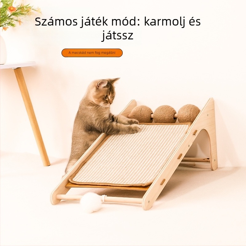 Macska kaparódeszka — függőleges L-alakú, tömörfa, kopásálló, levehető játék, egyszerű stílus