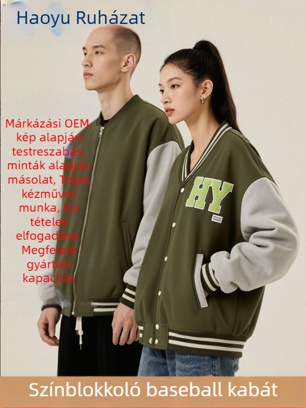 Törölköző-hímzéssel készült színblokkolt baseball dzseki, fleece bélés, álló gallér, 100% pamut, lazított szabás, férfi