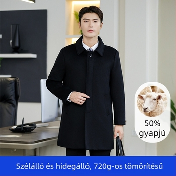 Férfi gyapjú kabát, reveres gallérral, vastagított téli viselet, lazább szabású