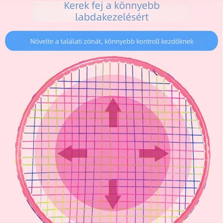 Gyerekeknek szóló tollaslabda-reket – edzőjáték 3–12 éveseknek; súly 95–100 g, keret ferroötvözetből, nylon zsinór, nyelet vastagsága G1, közvetlen ütés