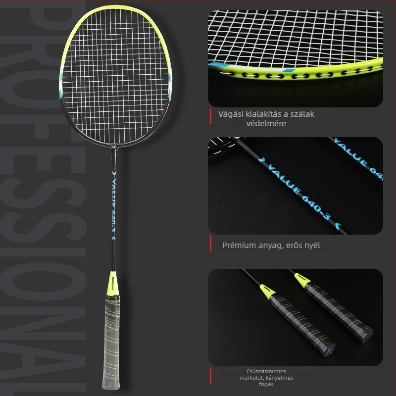 Badminton ütő – keret alumíniumötvözet, egybeépített kivitel, súly 95–100 g, két ütőből álló készlet, nylon húrok