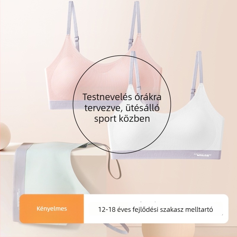 Lányoknak készült nylon/poliamid anyagú melltartó, teljes kosárral, vékony formázott kosárral, szivacsos bélés, fix dupla pántok, légáteresztő, 12–15 éveseknek