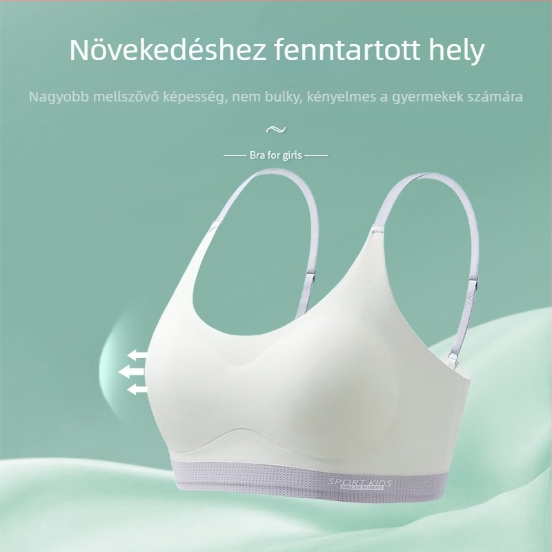 Lányoknak készült nylon/poliamid anyagú melltartó, teljes kosárral, vékony formázott kosárral, szivacsos bélés, fix dupla pántok, légáteresztő, 12–15 éveseknek