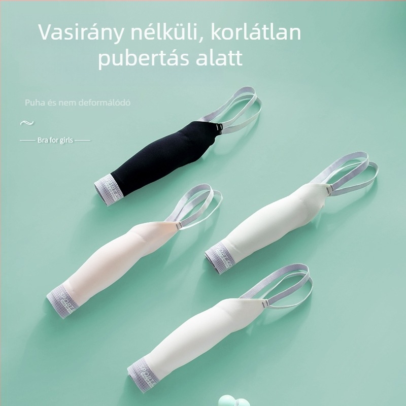 Lányoknak készült nylon/poliamid anyagú melltartó, teljes kosárral, vékony formázott kosárral, szivacsos bélés, fix dupla pántok, légáteresztő, 12–15 éveseknek