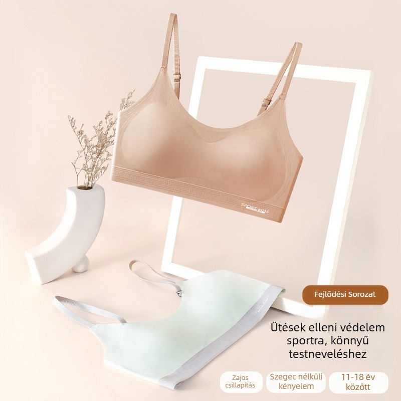 Lányoknak készült nylon/poliamid anyagú melltartó, teljes kosárral, vékony formázott kosárral, szivacsos bélés, fix dupla pántok, légáteresztő, 12–15 éveseknek