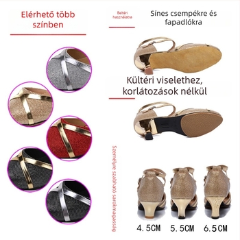 Női latin táncos cipő, felnőtteknek, középmagas sarkú pántokkal, puha gumi talppal, felső része szintetikus bőr