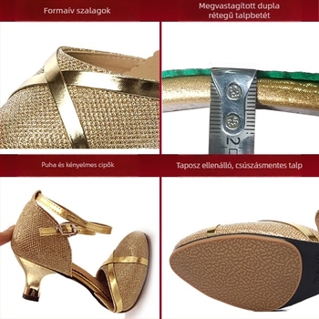 Női latin táncos cipő, felnőtteknek, középmagas sarkú pántokkal, puha gumi talppal, felső része szintetikus bőr