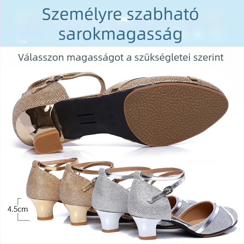 Női latin táncos cipő, felnőtteknek, középmagas sarkú pántokkal, puha gumi talppal, felső része szintetikus bőr