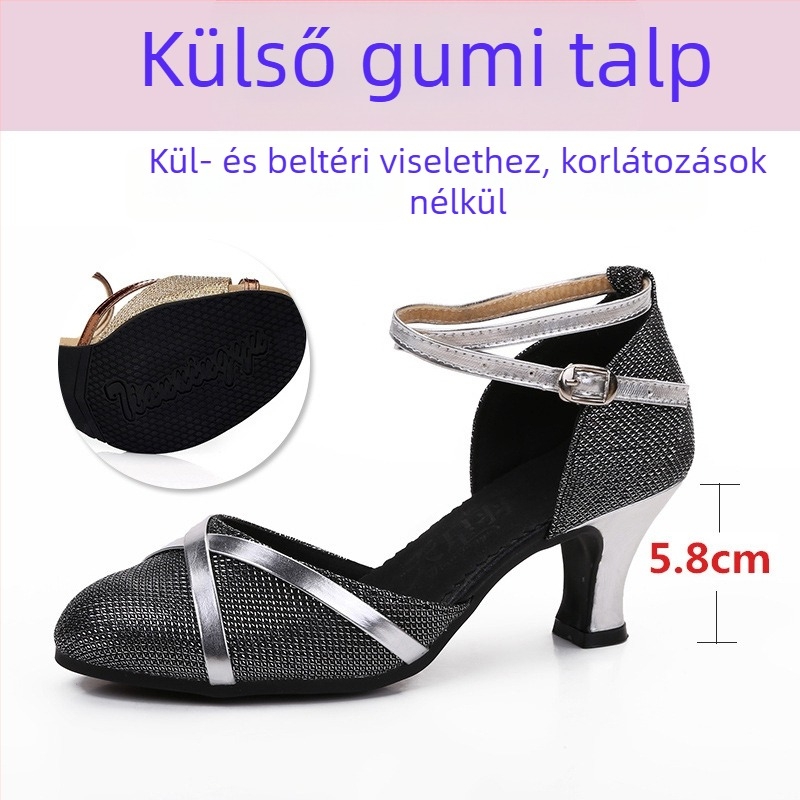 Női latin táncos cipő, felnőtteknek, középmagas sarkú pántokkal, puha gumi talppal, felső része szintetikus bőr