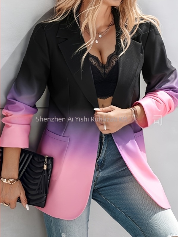 Női blézer öltönykabát, szabott gallérral, középhosszú, hosszú ujjú, zsebek, szabályos szabás