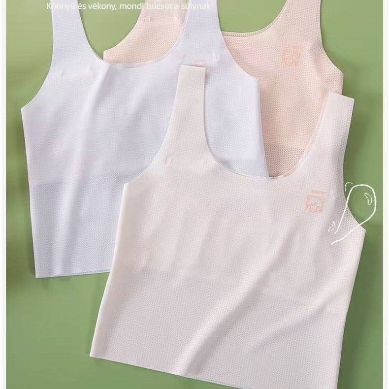9–13 éves preadoleszenseknek szóló mellény-stílusú melltartó, teljes kosár, formázatlan kosár, fő anyag nylon Ice Silk felülettel, bélés Mulberry selyem, rögzített vállpántok, lélegző és nedvesség-elvezető.