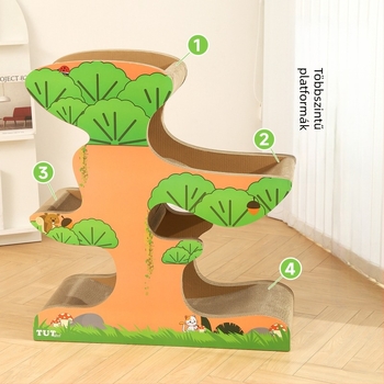 Macska karmoló odú hullámkartonból, tartós, minden évszakban használható, rajzfilmszerű stílus, modell 25T0260M/25T0261M, doboz véletlen