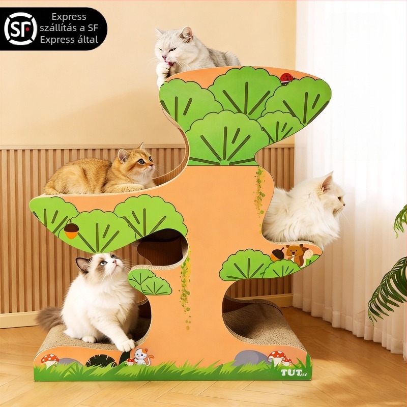 Macska karmoló odú hullámkartonból, tartós, minden évszakban használható, rajzfilmszerű stílus, modell 25T0260M/25T0261M, doboz véletlen