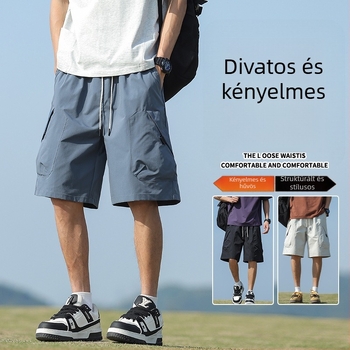 Férfi nyári munkás rövidnadrág, poliészter, sportos stílus, egyenes szabás, középméretű hossz