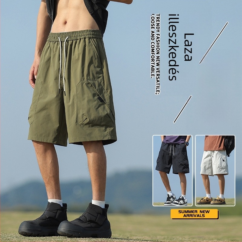 Férfi nyári munkás rövidnadrág, poliészter, sportos stílus, egyenes szabás, középméretű hossz