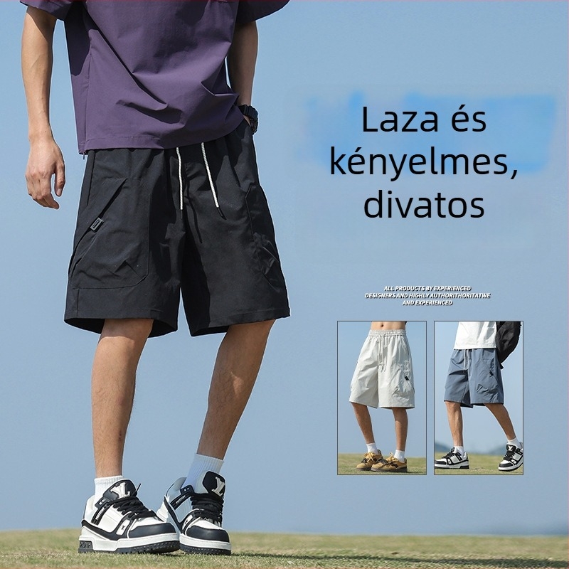 Férfi nyári munkás rövidnadrág, poliészter, sportos stílus, egyenes szabás, középméretű hossz