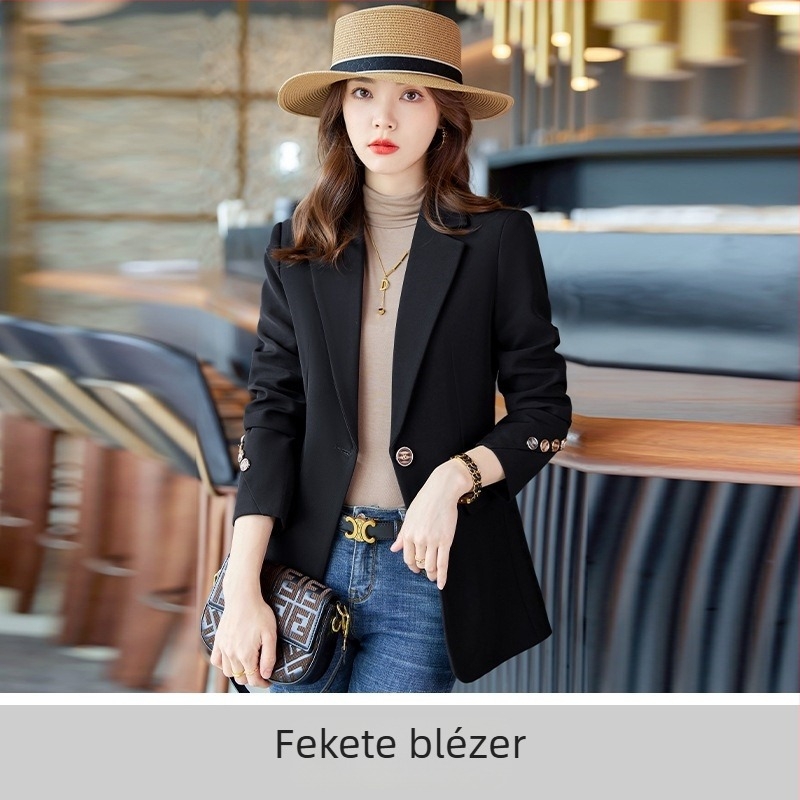 Női blézer, karcsú szabású, egyszínű poliészter, öltöny gallér, hosszú ujjú, egygombos