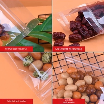 Átlátszó önzáró zacskó sík aljzattal, mogyoróhoz, teához és nassolnivalókhoz | CPP+PET kompozit, nyomtatott csomagolás, zárási hossz 5–20 cm