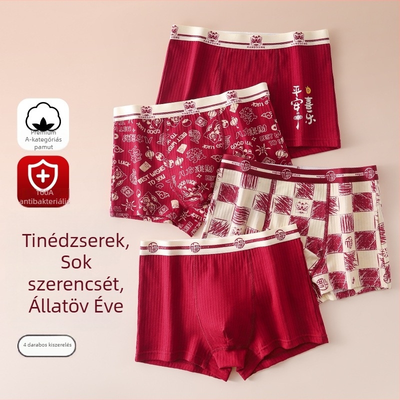 Tinédzser fiúk számára készült 100% pamut boxeralsó, antibakteriális, piros színű, horoszkóp évének megfelelő, 4 darabos készlet