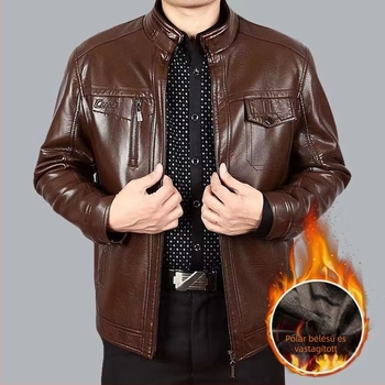 Őszi–téli bőrdzseki bélelt fleece-sel, laza szabású, plusz méret, apa-stílusú casual viselet