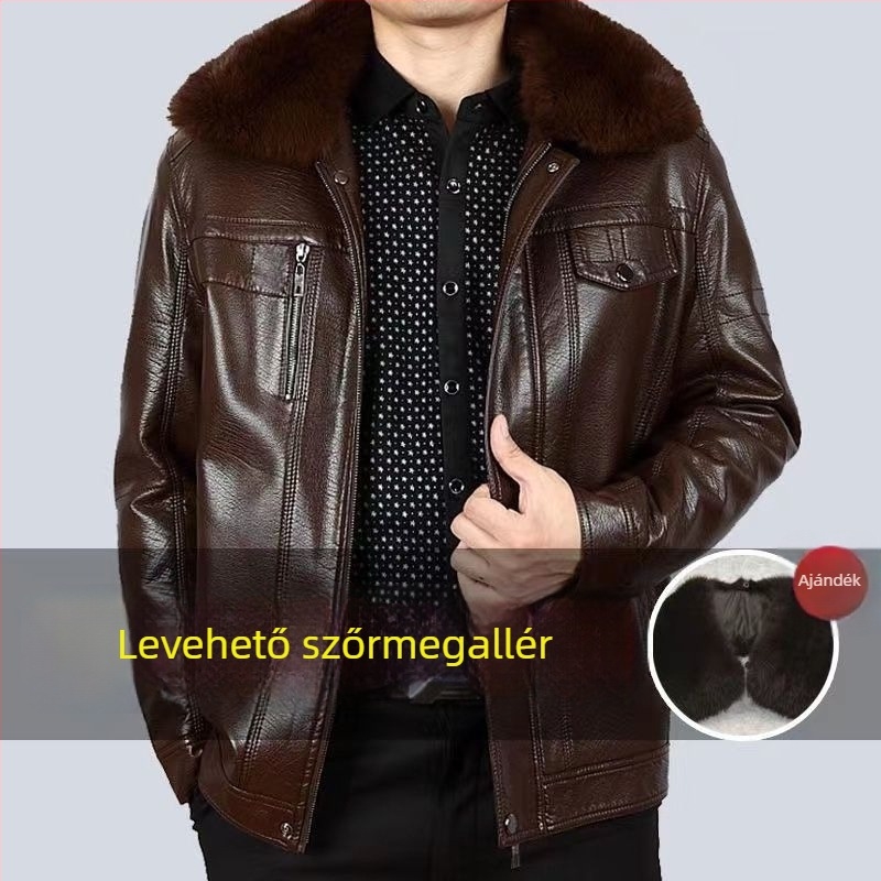 Őszi–téli bőrdzseki bélelt fleece-sel, laza szabású, plusz méret, apa-stílusú casual viselet