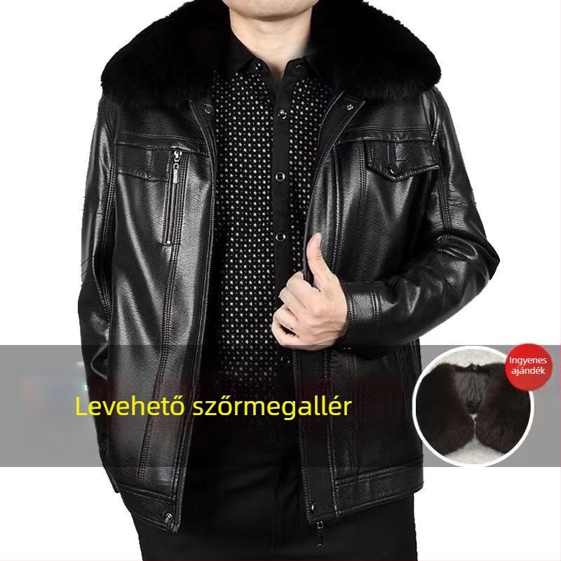 Őszi–téli bőrdzseki bélelt fleece-sel, laza szabású, plusz méret, apa-stílusú casual viselet