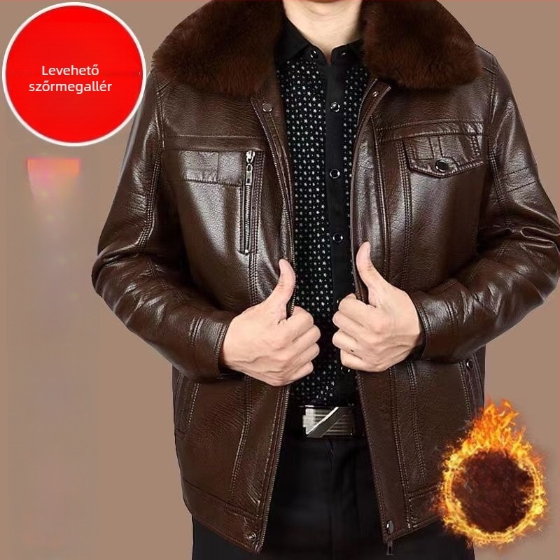 Őszi–téli bőrdzseki bélelt fleece-sel, laza szabású, plusz méret, apa-stílusú casual viselet