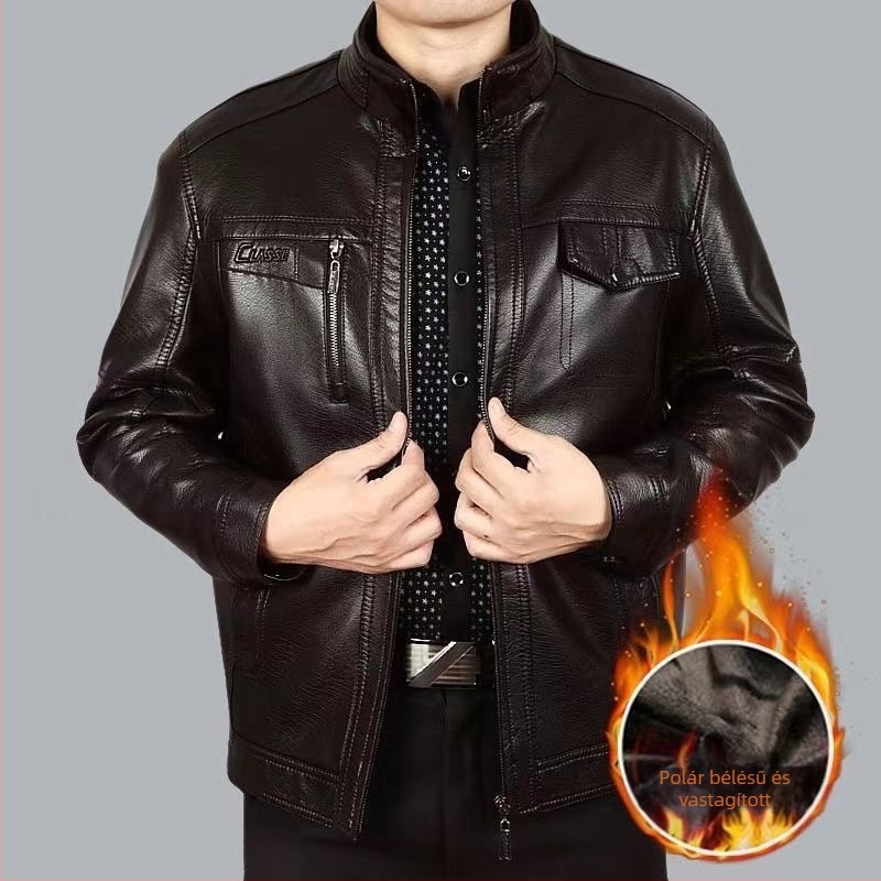 Őszi–téli bőrdzseki bélelt fleece-sel, laza szabású, plusz méret, apa-stílusú casual viselet