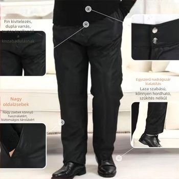 Uniszex bőr nadrág leválasztható báránybőrbéléssel, egyenes szárú, középmagas derékvonal, téli viselet.