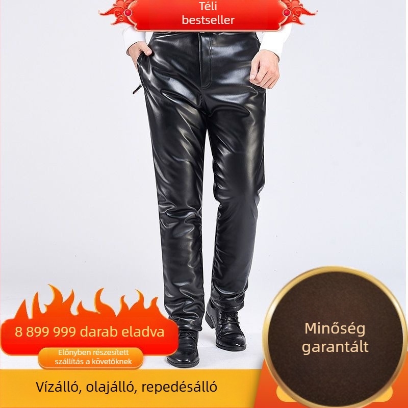 Férfi téli bőrnadrág, felsőréteg bőrből, meleg, vízálló és szélálló, fleece bélés, vastag, plusz méret, magas derekú