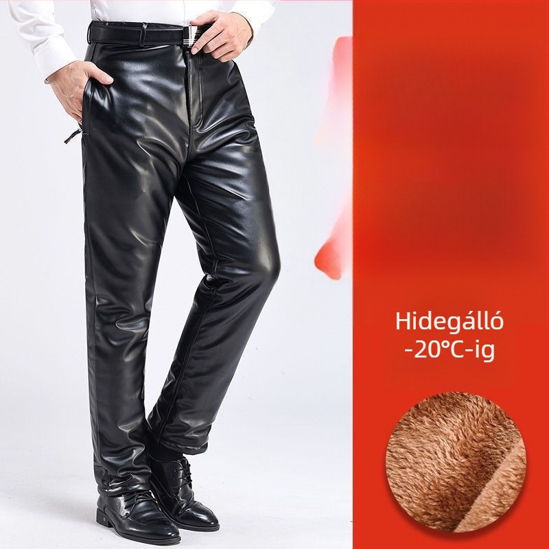 Férfi téli bőrnadrág, felsőréteg bőrből, meleg, vízálló és szélálló, fleece bélés, vastag, plusz méret, magas derekú