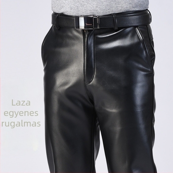 Férfi PU bőrpantaló, egyenes szabás, magas derék, pamut bélés, téli