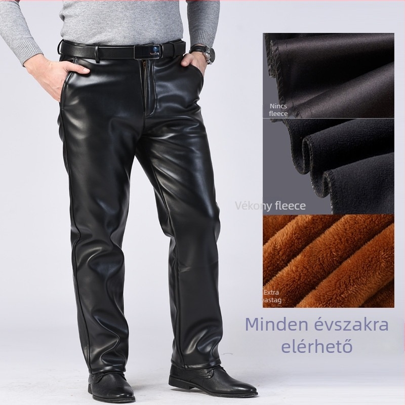 Férfi PU bőrpantaló, egyenes szabás, magas derék, pamut bélés, téli