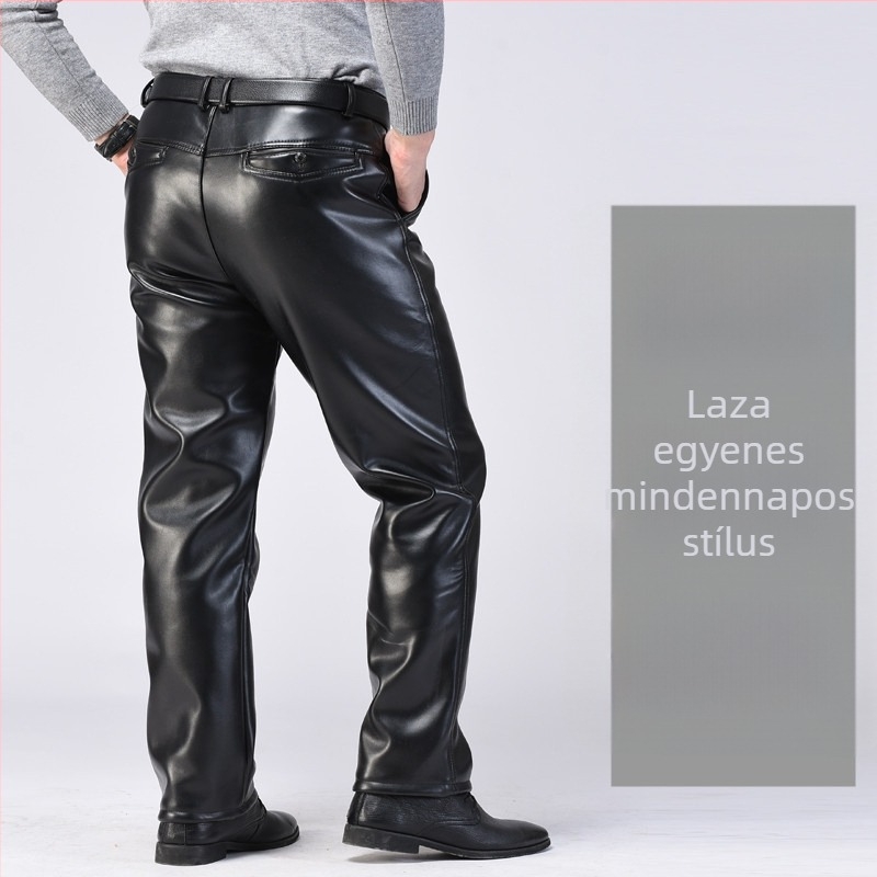 Férfi PU bőrpantaló, egyenes szabás, magas derék, pamut bélés, téli