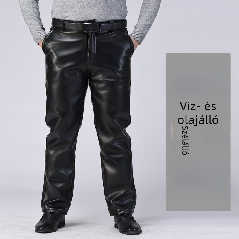 Férfi PU bőrpantaló, egyenes szabás, magas derék, pamut bélés, téli