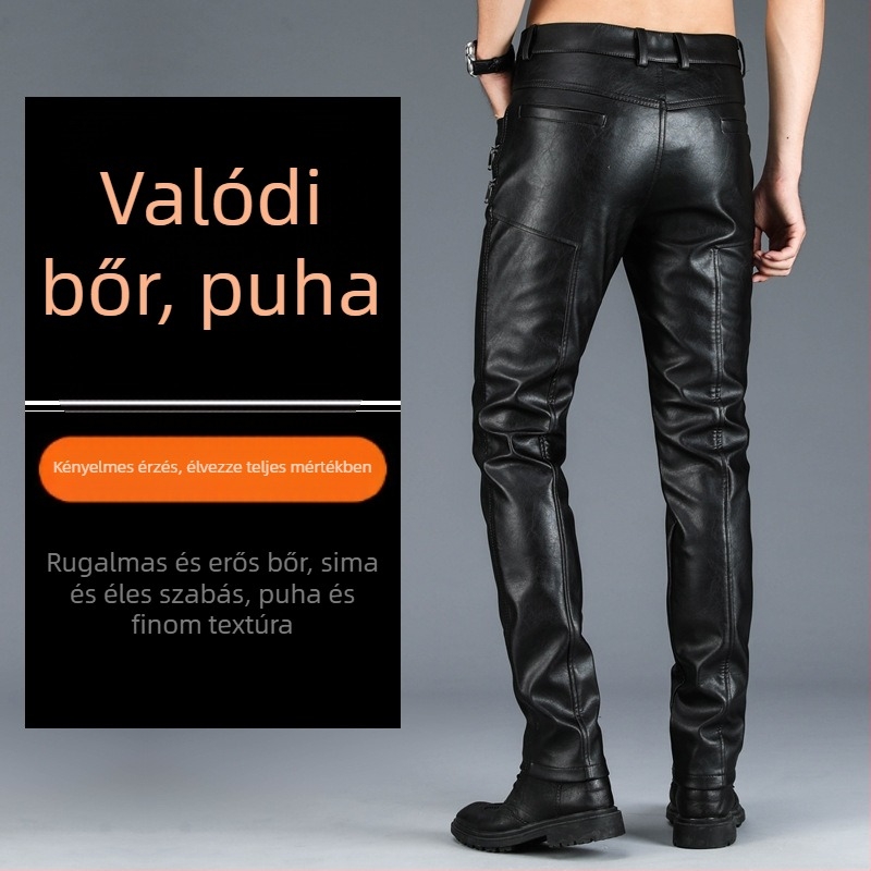 Férfiaknak készült első réteg marhabőr bőrnadrág fleece béléssel, vastag, lazán szabott motoros stílushoz