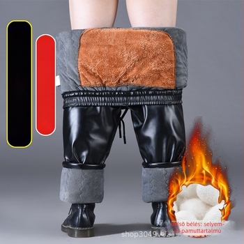 PU bőr téli nadrág fleece béléssel, magas derék, egyenes szabású, meleg nadrág