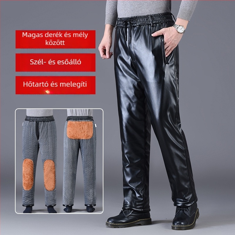 PU bőr téli nadrág fleece béléssel, magas derék, egyenes szabású, meleg nadrág