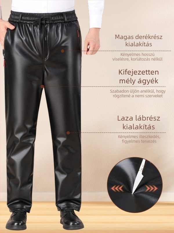 Férfi műbőr nadrág, téli, fleece-béléses, vastag anyag, szabad vonalú, magas derékú, alkalmas motorozásra és munkára