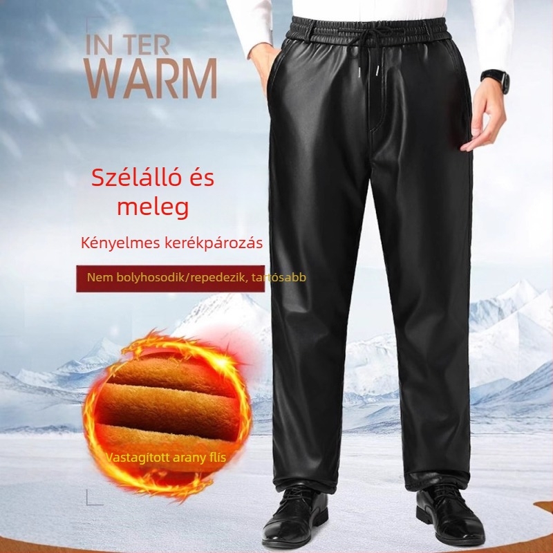 Férfi téli bőrnadrág juhbőrből készült béléssel, magas derekú, karcsú szabás