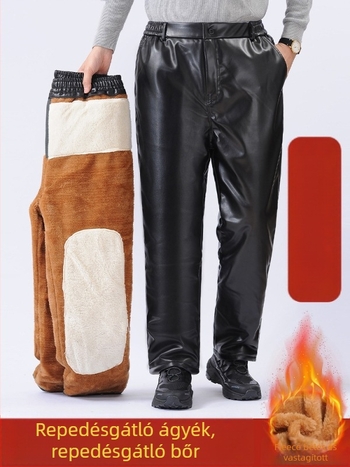 Férfi téli PU bőr nadrág fleece béléssel, vastag, szél- és vízálló, egyenes szabású