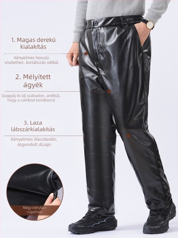 Férfi téli PU bőr nadrág fleece béléssel, vastag, szél- és vízálló, egyenes szabású
